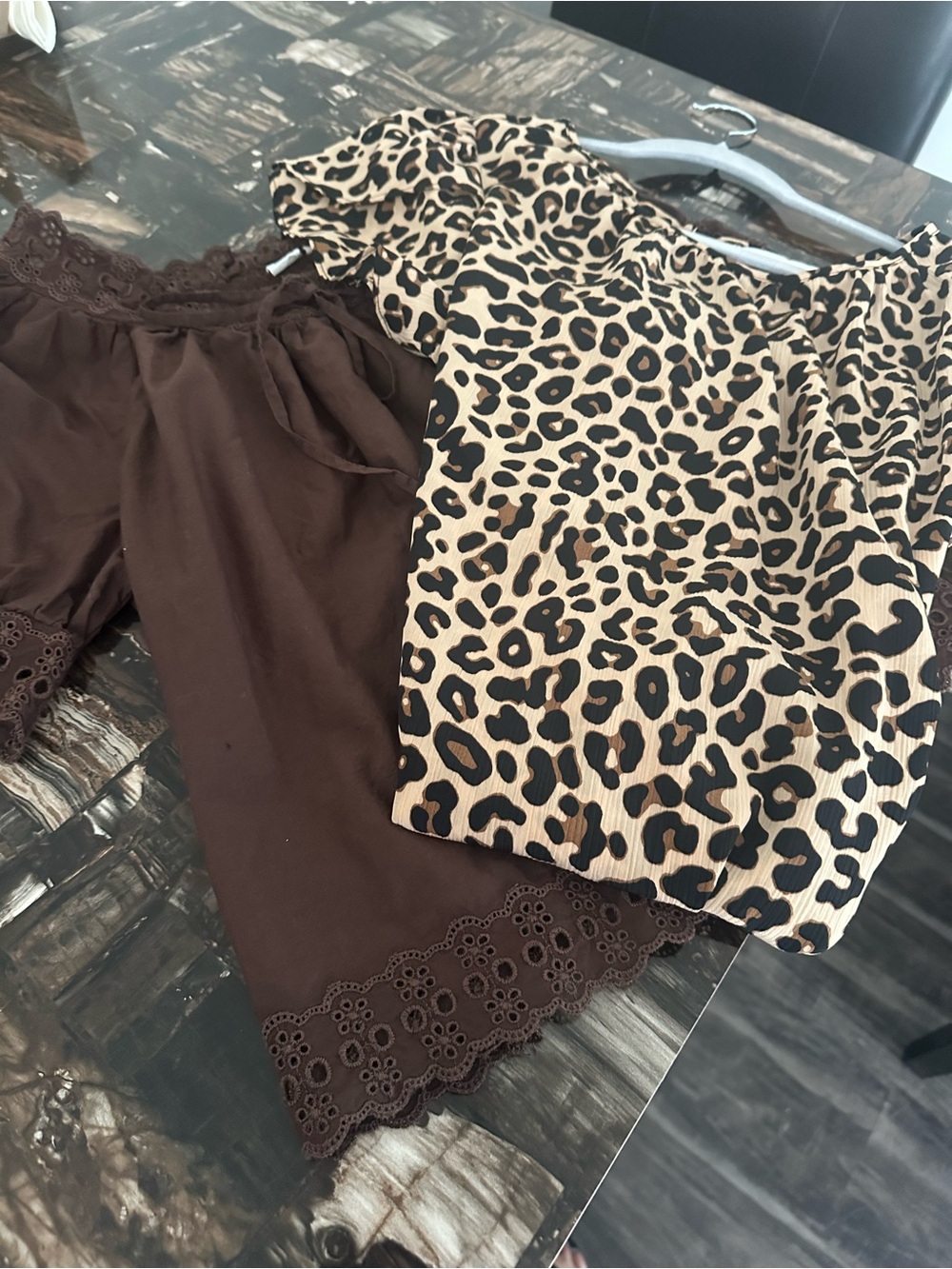 GAP Brown Lace-Trim Pull-On Shorts with Nine West Leopard Print Top Shown